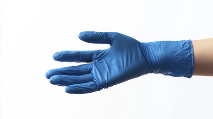 blue nitrile glove is extended, showcasing its texture and fit, ideal for medical or laboratory use. This emphasizes safety and hygiene in various environments