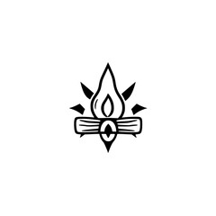 Black and white minimalist campfire logo featuring a flame.