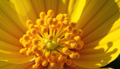A macro shot of a yellow flower&rsquo;s intricate center, revealing the delicate details of nature&rsquo;s design.