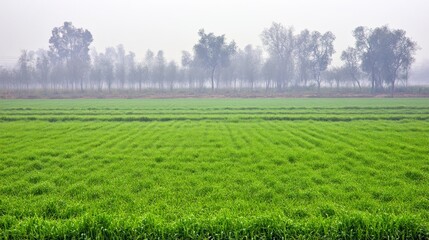 Obraz premium Foggy morning, green wheat field, rural landscape, agriculture