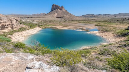 Desert lake, mountain vista, arid landscape,  Texas travel