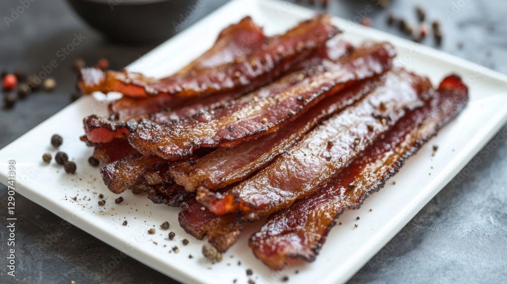 Poster a minimalist image of several strips of bacon stacked on a white plate, with a sprinkle of black pep