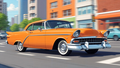 Side view Classic orange Car on a City Street in Motion
