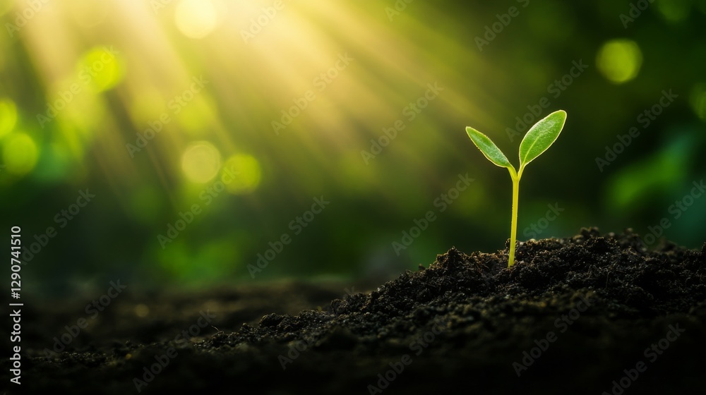 Poster a minimalist scene featuring a single bean sprout emerging from the soil, symbolizing growth and pot