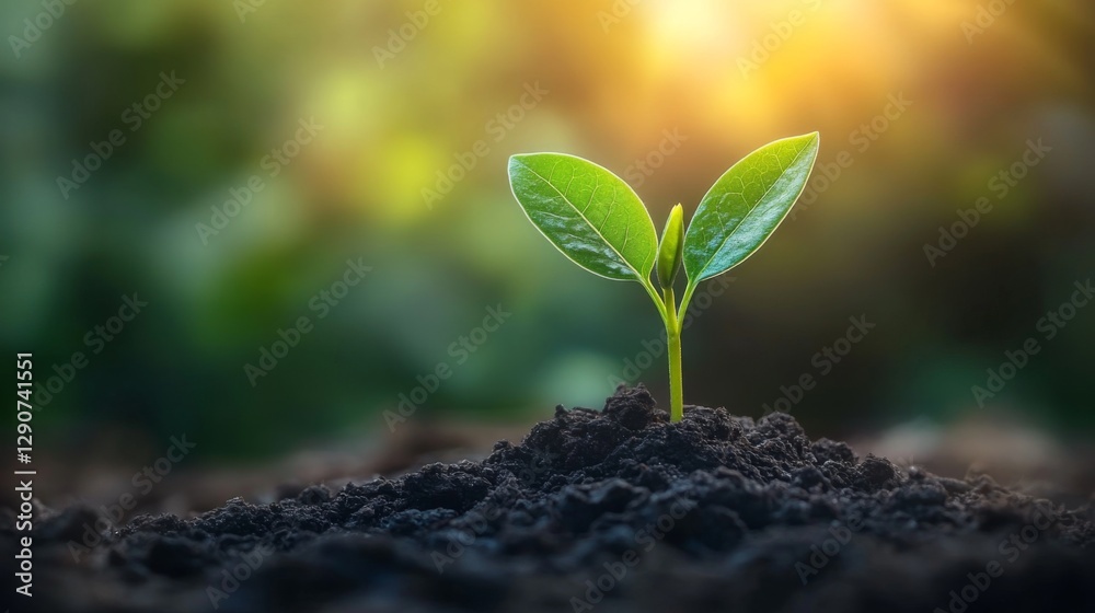 Poster a minimalist scene featuring a single bean sprout emerging from the soil, symbolizing growth and pot