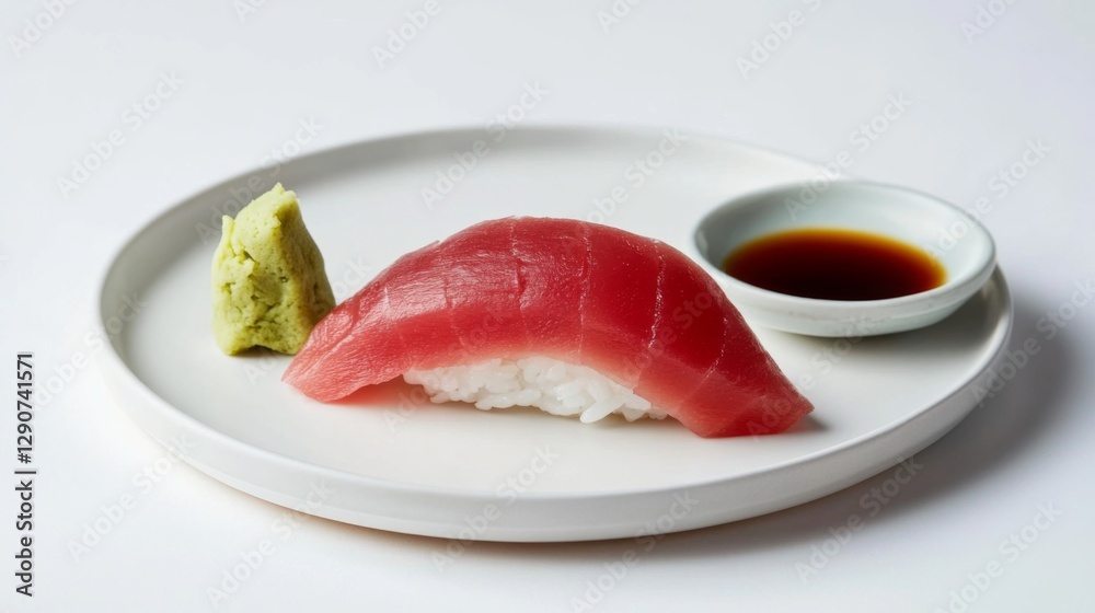 Poster a minimalist shot of a single slice of sashimi on a pristine white plate, accented by a small pile o