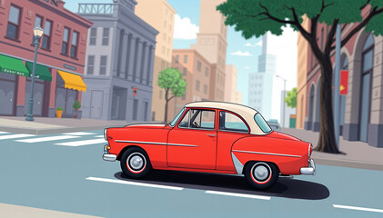 Side view Classic red Car on a City Street in Motion