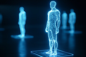 Futuristic holographic human figures glowing in a digital space.