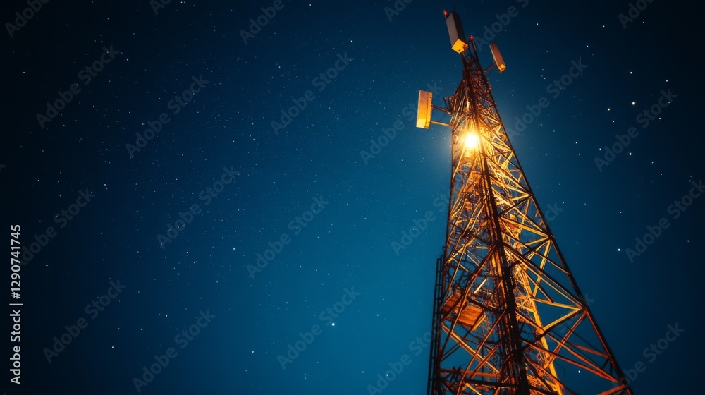 Poster a nighttime shot of a telecommunications tower illuminated by soft lights, with stars twinkling in t