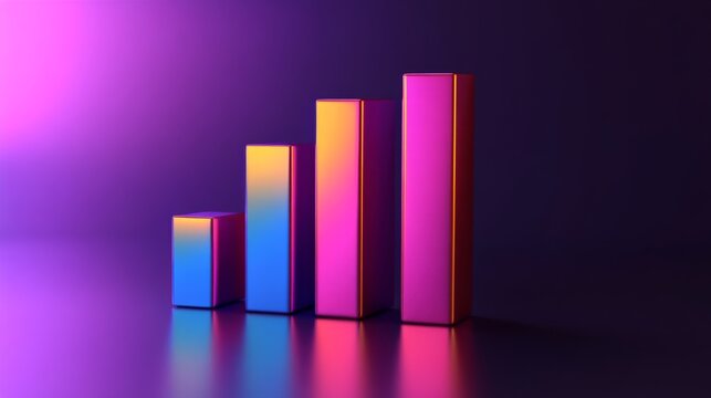 A modern D bar graph in vibrant colors on a dark gradient background, with reflections and shadows enhancing its professional and sleek look