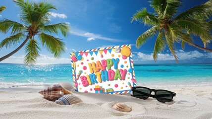 Stunning Panoramic Birthday Scene with Shells and Sunglasses on Beach