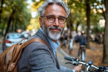 Smiling mature man with grey hair and glasses, wearing a blazer and backpack, stands near his bicycle on a treelined city street.