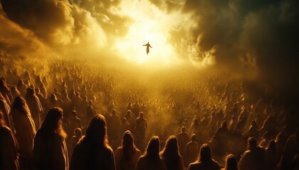 Jesus Christ Ascending to Heaven, Golden Light, Crowd Scene, Christianity