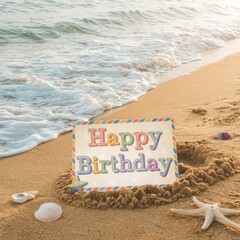 Joyful Birthday Celebration on Tropical Beach with Colorful Sign