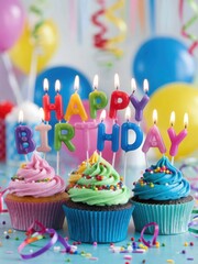 Joyful Birthday Cupcakes with Colorful Toppings and Candles