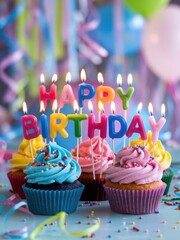 Joyful Birthday Celebration with Colorful Cupcakes and Balloons
