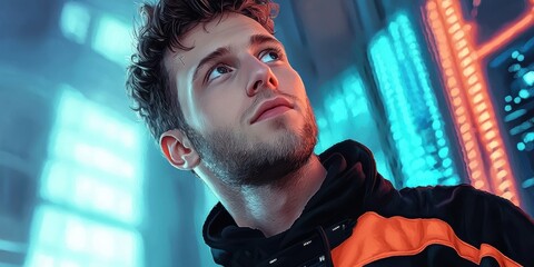 A man in a black and orange jacket gazing upward at a clear sky