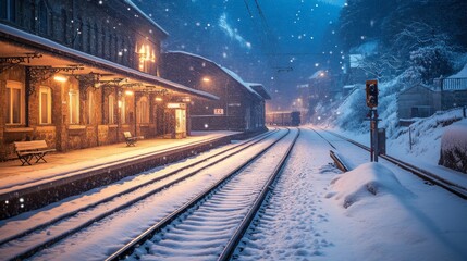 Fototapeta premium A peaceful image of a train station in winter, covered in a light blanket of snow, with warm lights glowing from inside, creating a cozy atmosphere