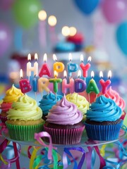 Vibrant Birthday Celebration with Colorful Cupcakes and Candles
