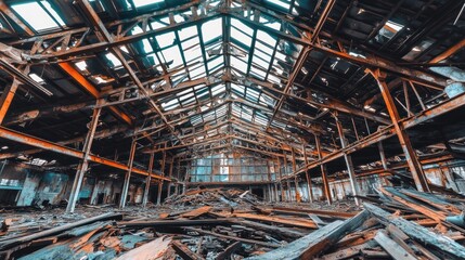 Ruined factory interior, debris-strewn floor, sky visible through damaged roof; industrial decay, urban exploration photography