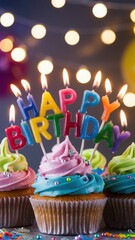 Colorful Cupcakes with Happy Birthday Candles and Bokeh Background
