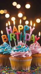 Colorful Birthday Cupcakes with Candles and Festive Decor