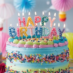 Colorful Birthday Cake with Candles and Celebration Decor