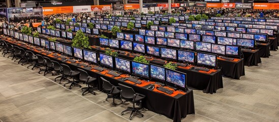 Esports arena gamers compete, crowd watches. Event venue, digital displays