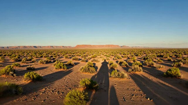 A serene desert landscape with long shadows and distant plateaus