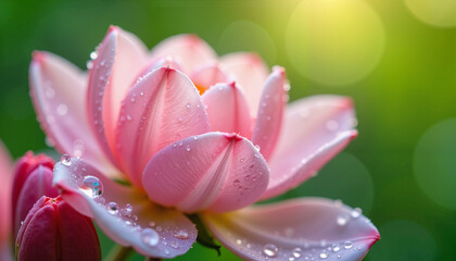 Fototapeta premium A serene close-up of a pink lotus flower covered in dewdrops, symbolizing purity, renewal, and tranquility.