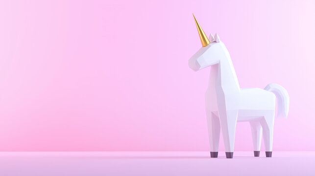 Minimalist low poly unicorn with golden horn on pink background
