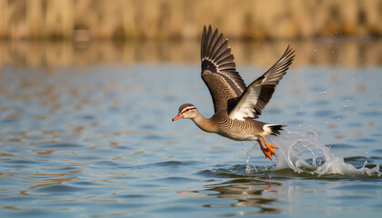 A spotted whistling duck takes off from a lake, creating ripples in the water as it starts its flight into the blue sky