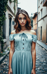 Fototapeta premium Stylish young woman in a light blue vintage dress walking in an old European cobblestone street