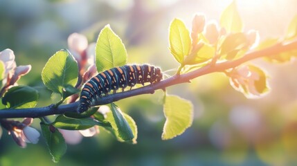 A serene scene of a caterpillar crawling along a branch, with sunlight filtering through the leaves, creating a beautiful play of light and shadow