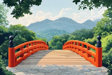 A wooden bridge over a stream under the sunshine