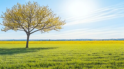Single Tree in a Yellow and Green Field Under a Sunny Sky