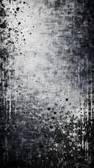 Black and white grunge textured vertical background with ink splatters and distressed concrete surface for design and print