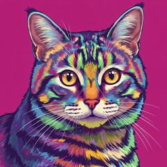 Fototapeta premium Vibrant Pop Art Cat Illustration with Bold Colors on Pink Background, Perfect for Modern Decor and Cat Lovers