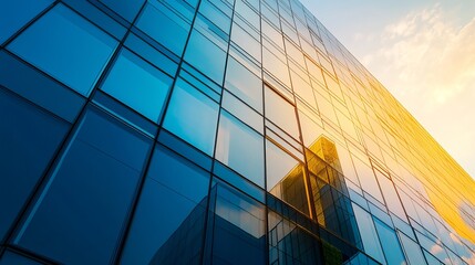 Modern Glass Building Exterior Architecture Design Blue Yellow Sunset Urban Cityscape Corporate Business Office Skyscraper Structure Facade Window    