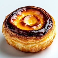 Close-up of a Portuguese pastel de nata, captured with clarity and precision, set against a white background for easy integration into designs, showcasing its caramelized top and creamy filling