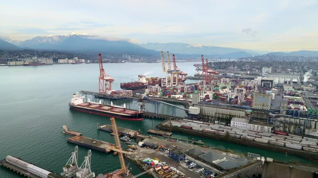 GCT Vanterm Container Terminal in Downtown Eastside In Vancouver, Canada. - aerial shot