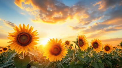Obraz premium A tranquil sunset over a sunflower field, with the sky painted in warm hues that complement the golden petals, creating a peaceful and picturesque scene