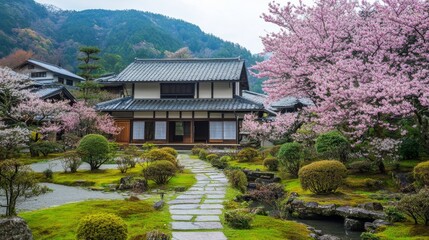 Obraz premium A tranquil view of a traditional Japanese house with sliding shoji doors, surrounded by a beautifully manicured garden featuring cherry blossoms and stone pathways