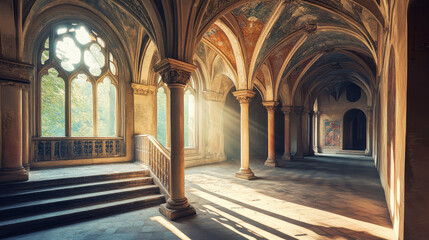 Obraz premium A classical architectural style featuring an arched colonnade with a series of stone columns and arches in an old European castle or monastery