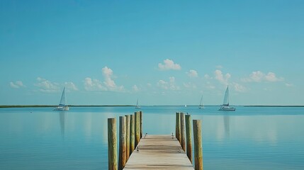 Obraz premium Calm Water, Dock, Sailboats, Sky