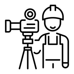 Cameraman character with camera stand, linear icon 