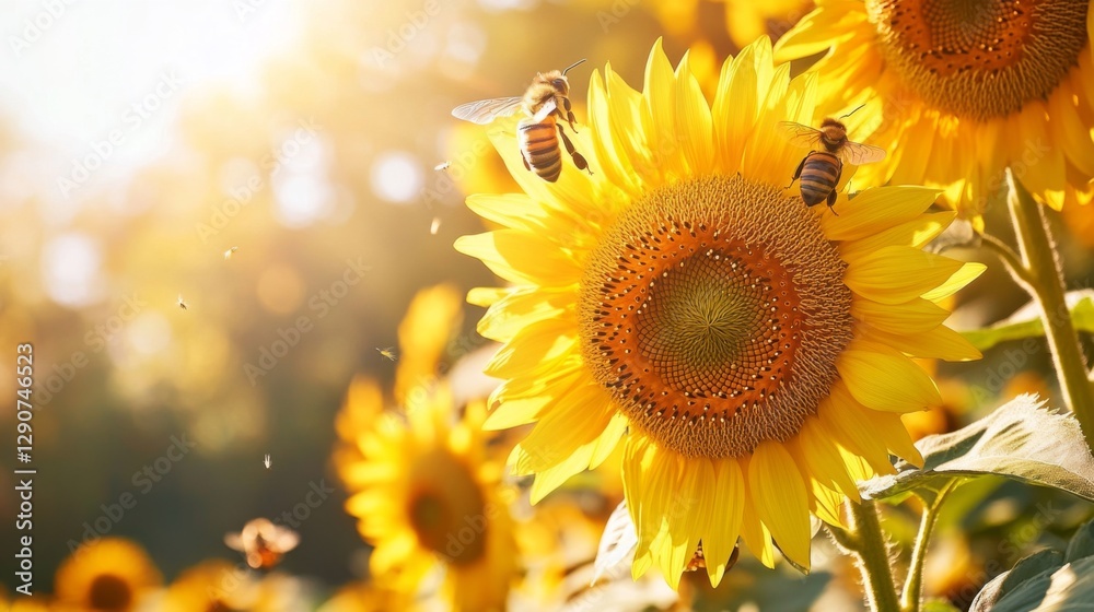 Poster a vibrant image of bees buzzing around sunflowers, emphasizing the importance of pollinators in natu