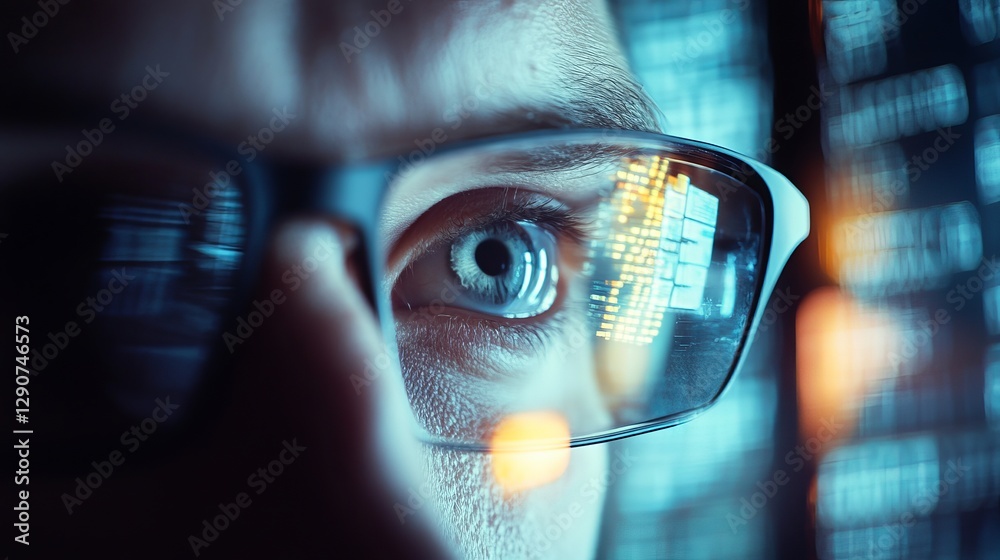 Poster closeup programmer eye glasses reflection digital code screen technology software development cybers