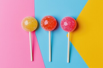 Colorful lollipops on colorful background. Top view