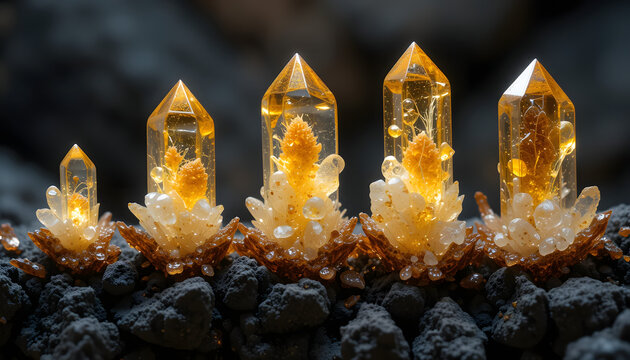  Orange dichromate crystals with intricate details against a textured dark background